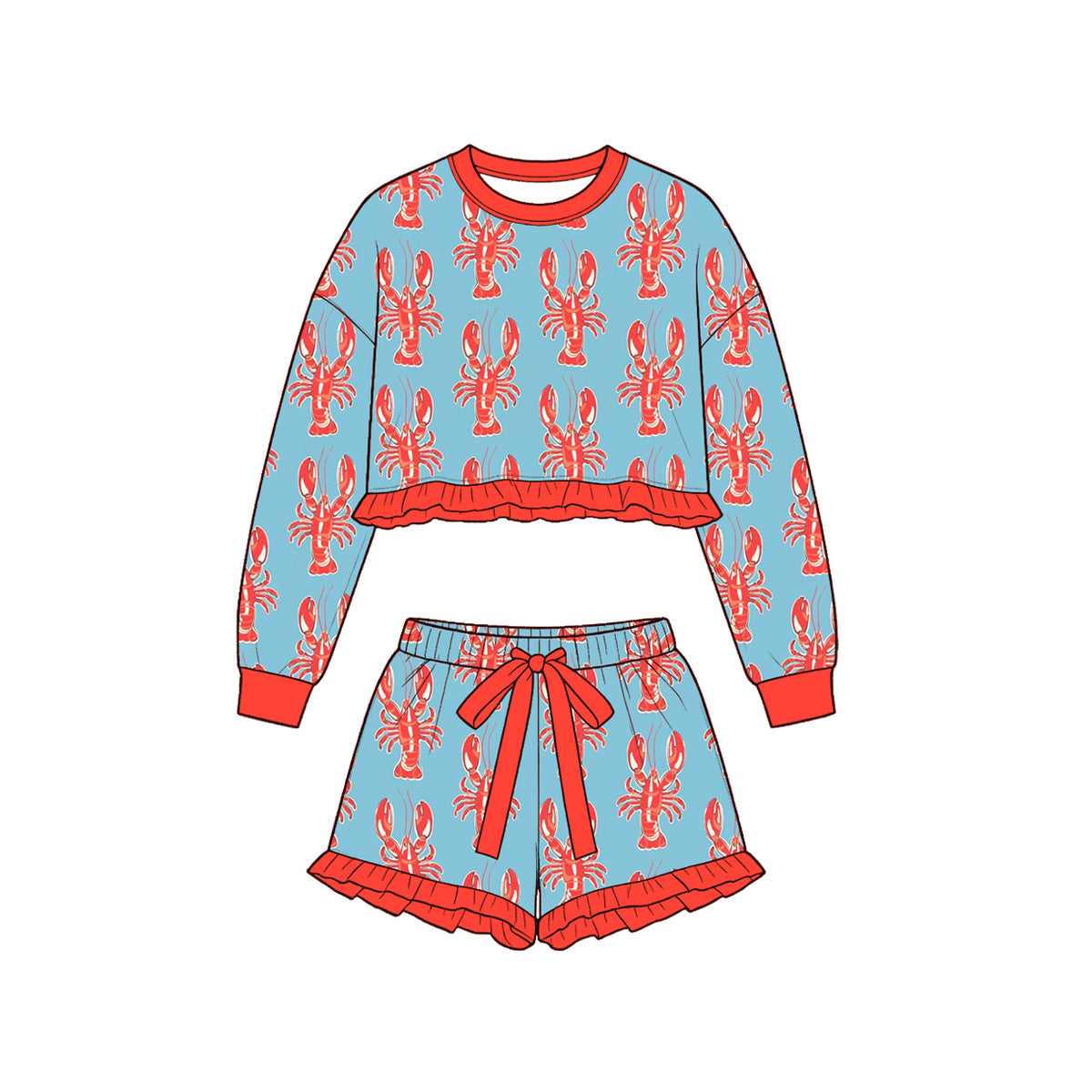 (Custom Design Preorder MOQ 5 Each)Crayfish Bows Print Long Sleeve Top Shorts Girls Clothes Set Sisters Wear