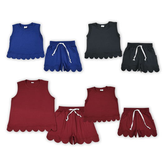 Mommy and Me Solid Color Cotton Scallop Set - Sleeveless Top & Shorts Outfit