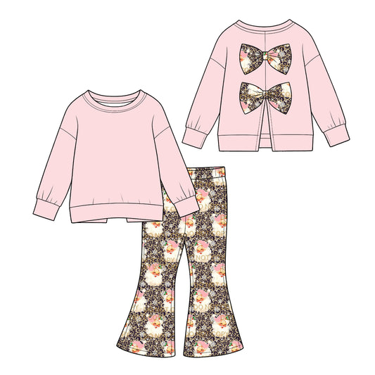 (Custom Design Preorder MOQ 5) Pink Backless Bows Top Santa Leopard Bell Pants Girls Christmas Clothes Set