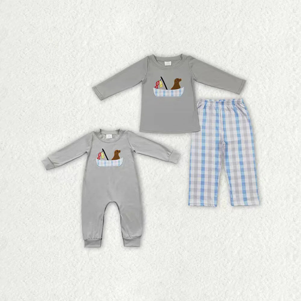 Sibling Embroidery Dogs Fishing Baby Boys Grey Shirt Pants Hunting Clothes