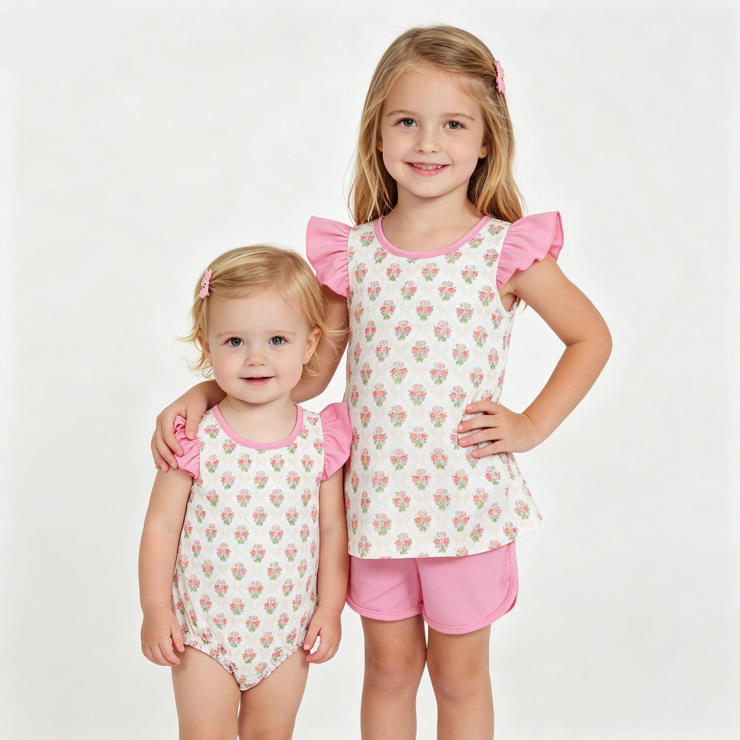 Sibling Baby Girls Park Flowers Checked Top Shorts Clothes Set Ruffle Rompers