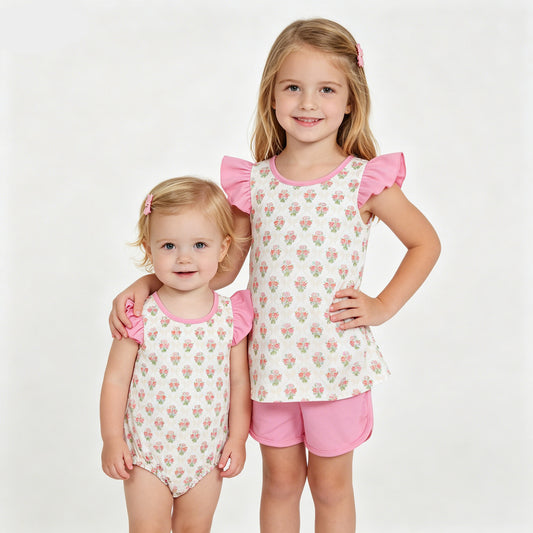 Sibling Baby Girls Park Flowers Checked Top Shorts Clothes Set Ruffle Rompers