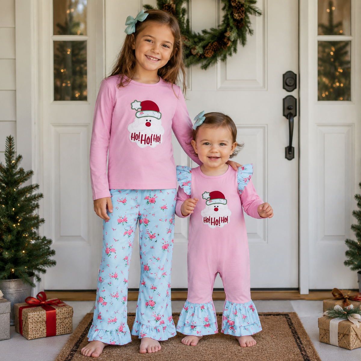 Sibling Baby Girls Christmas Ho Ho Ho Outfit and Romper