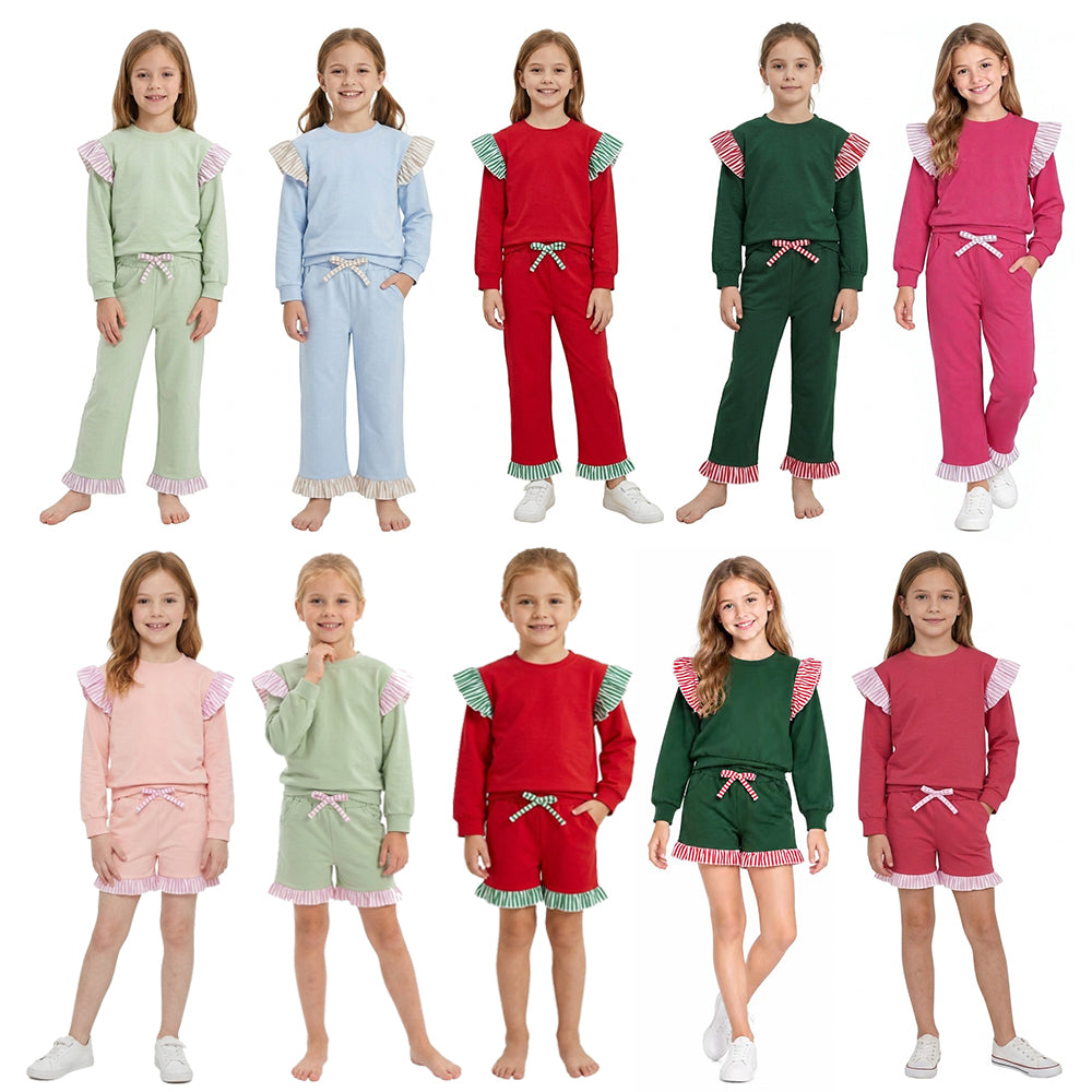 Sibling Kids Girls Flutter Sleeve Top with Ruffle Pants Shorts Outfit