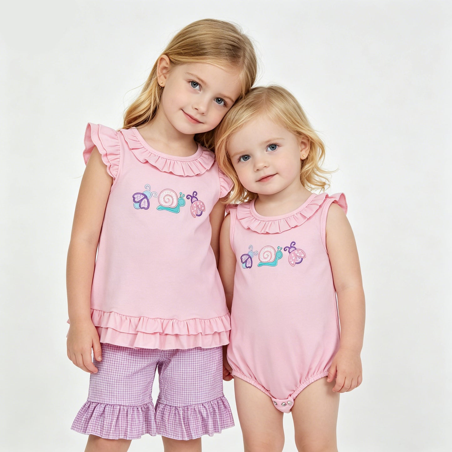 Sibling Baby Kids Embroidery Snails Ladybirds Top Shorts Clothes Set Ruffle Rompers