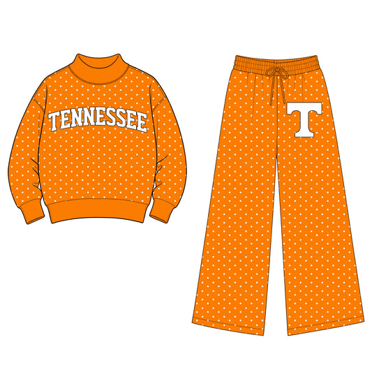 (Custom Design Preorder MOQ 5 Each) Teams Tennessee Polka Dots Mock Necks Top T Logo Pockets Pants Girls & Woman Clothes Set
