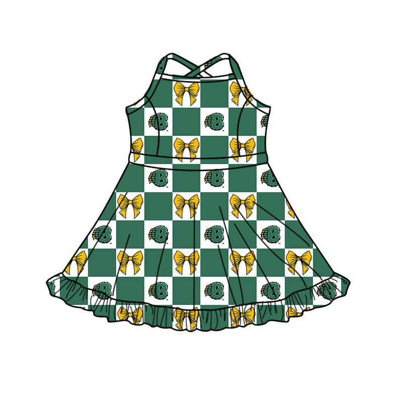 (Custom Design Preorder MOQ 5 Each Item) Teams Baylor Bears Bows Green Plaid Print Kids Clothes Sibling & Family Matching Styles
