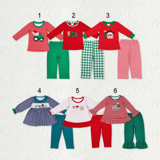 Sibling Baby Boys Girls Embroidery Trucks Santa Milks Top Pants Christmas Clothes Sets