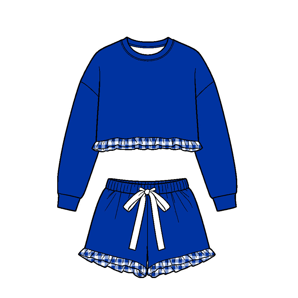 (Custom Design Preorder MOQ 5 Each)Teams Blank Long Sleeve Top Shorts Girls Ruffle Clothes Set Sisters Wear