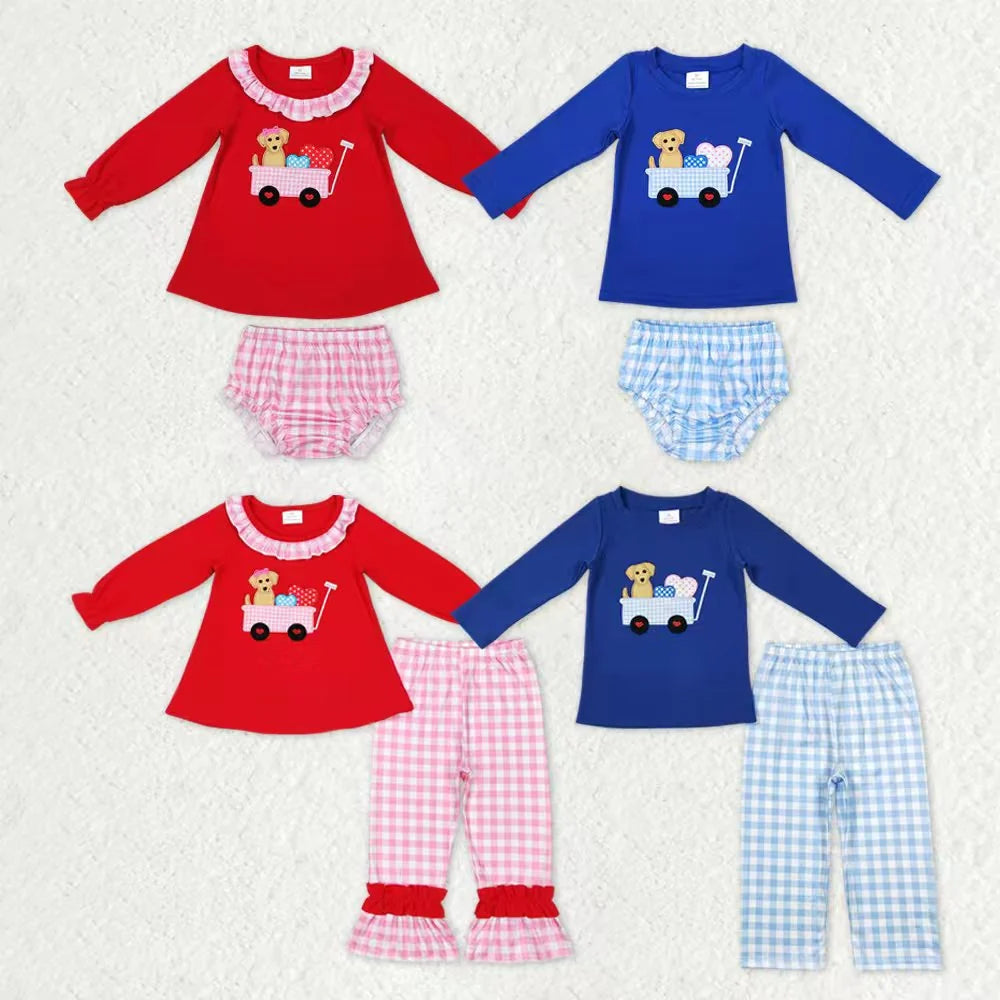 Sibling Baby Boys Girls Embroidery Dog Heart Pants Bummies Valentine Clothes Set