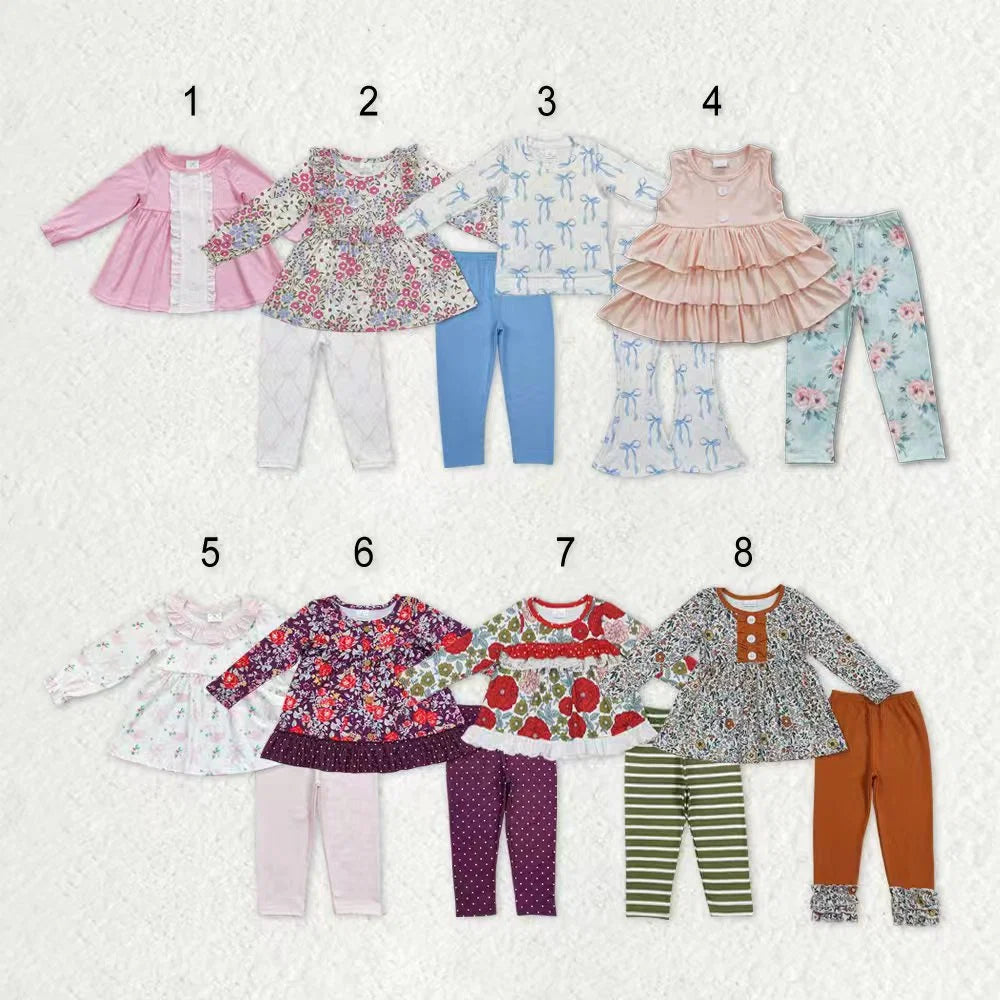 Girls Bows Flowers Tunic Leggings Pant Ruffle Sleeves Outfit