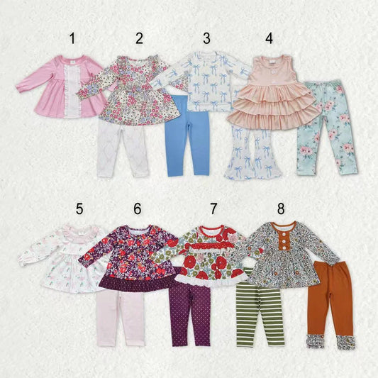 Girls Bows Flowers Tunic Leggings Pant Ruffle Sleeves Outfit