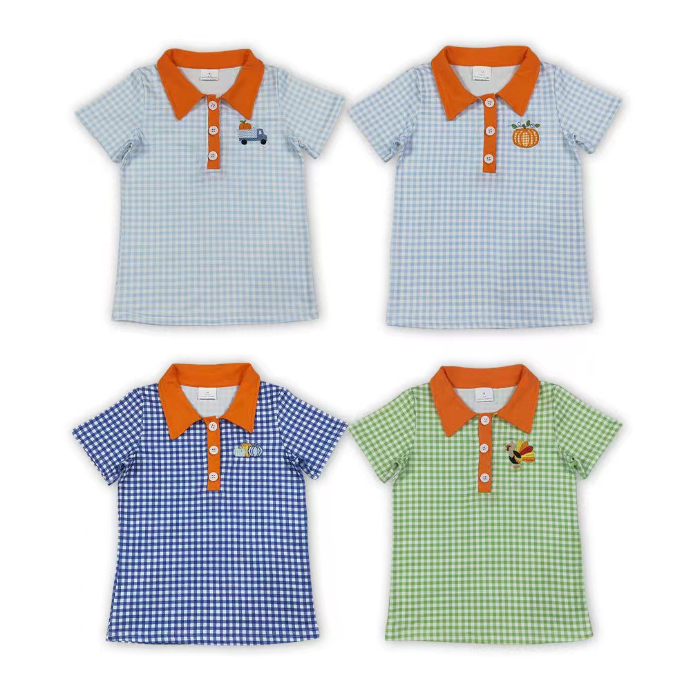 Sibling Kids Boys Fall Embroidery Punpkin Turkey Gingham Short Sleeve Polo Shirt Top