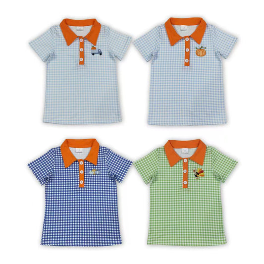 Sibling Kids Boys Fall Embroidery Punpkin Turkey Gingham Short Sleeve Polo Shirt Top