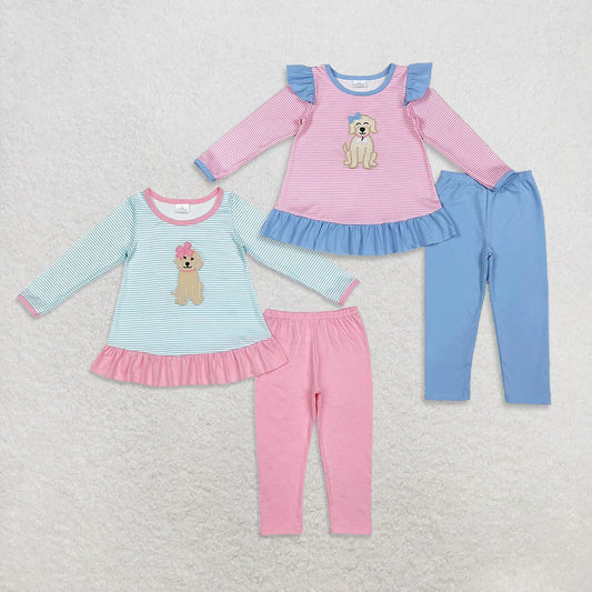 Sibling Baby Girls Embrodiery Bows Dog Striped Tunic Top Leggings Pants Valentines Outfit