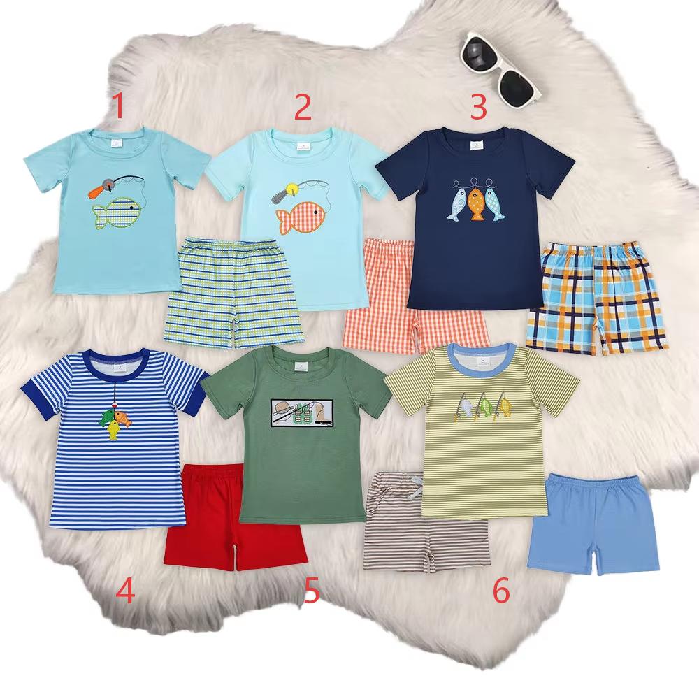 Sibling Baby Boys Embroidery Fishing Top Shorts Hunting Clothes Sets
