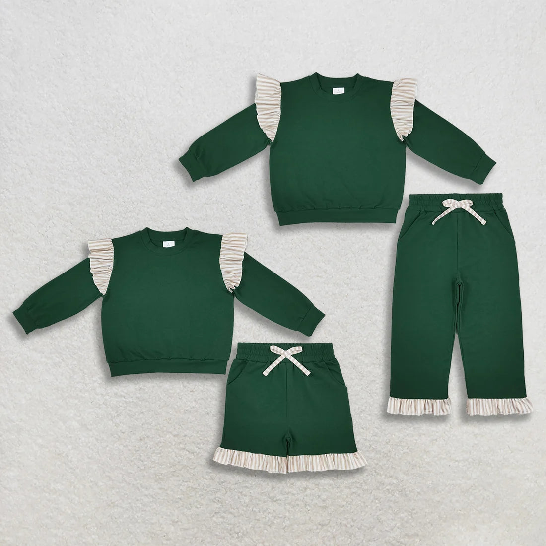 Sibling Kids Girls Green Long Sleeve Top  Pants and Shorts Outfit With khaki Striped Ruffle