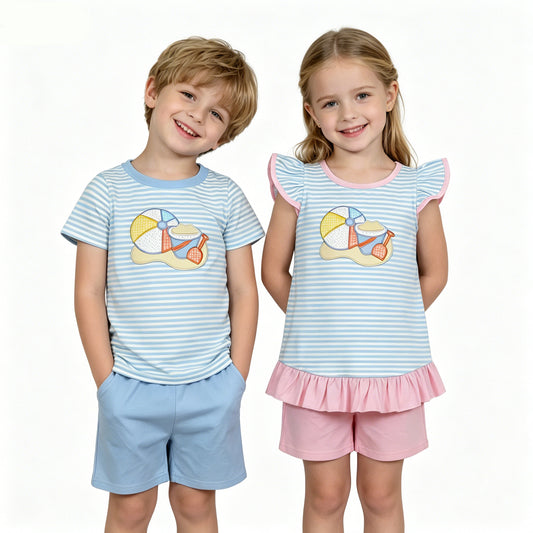 Sibling Toddler Girls & Boys  Embroidery Beach Short Sleeve Top with Shorts Outfit