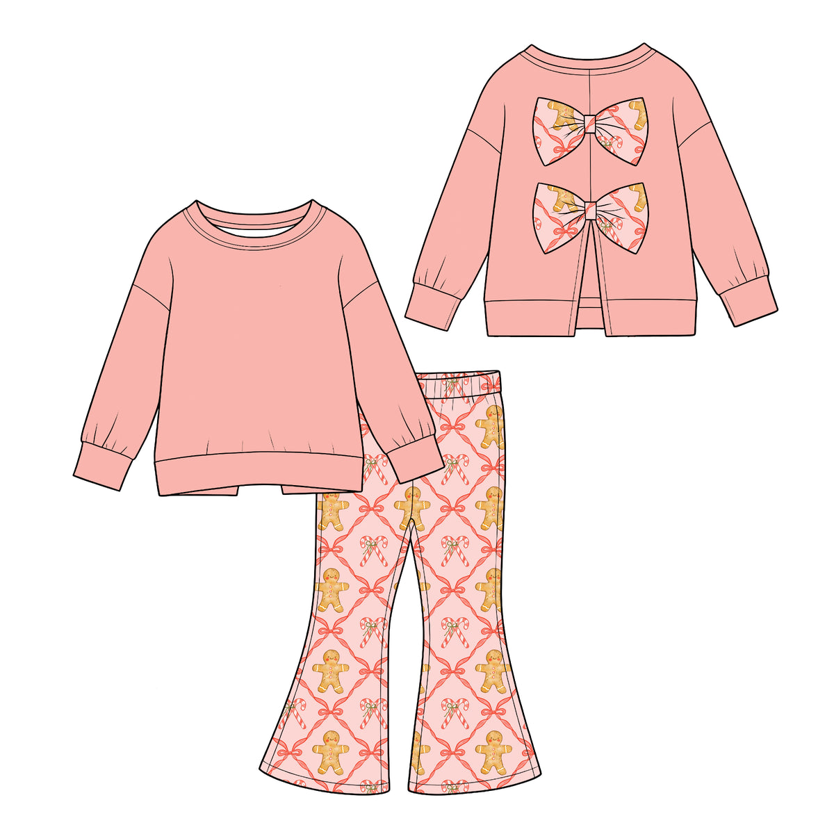 (Custom Design Preorder MOQ 5) Pink Backless Bows Top Gingerbread Bows Bell Pants Girls Christmas Clothes Set