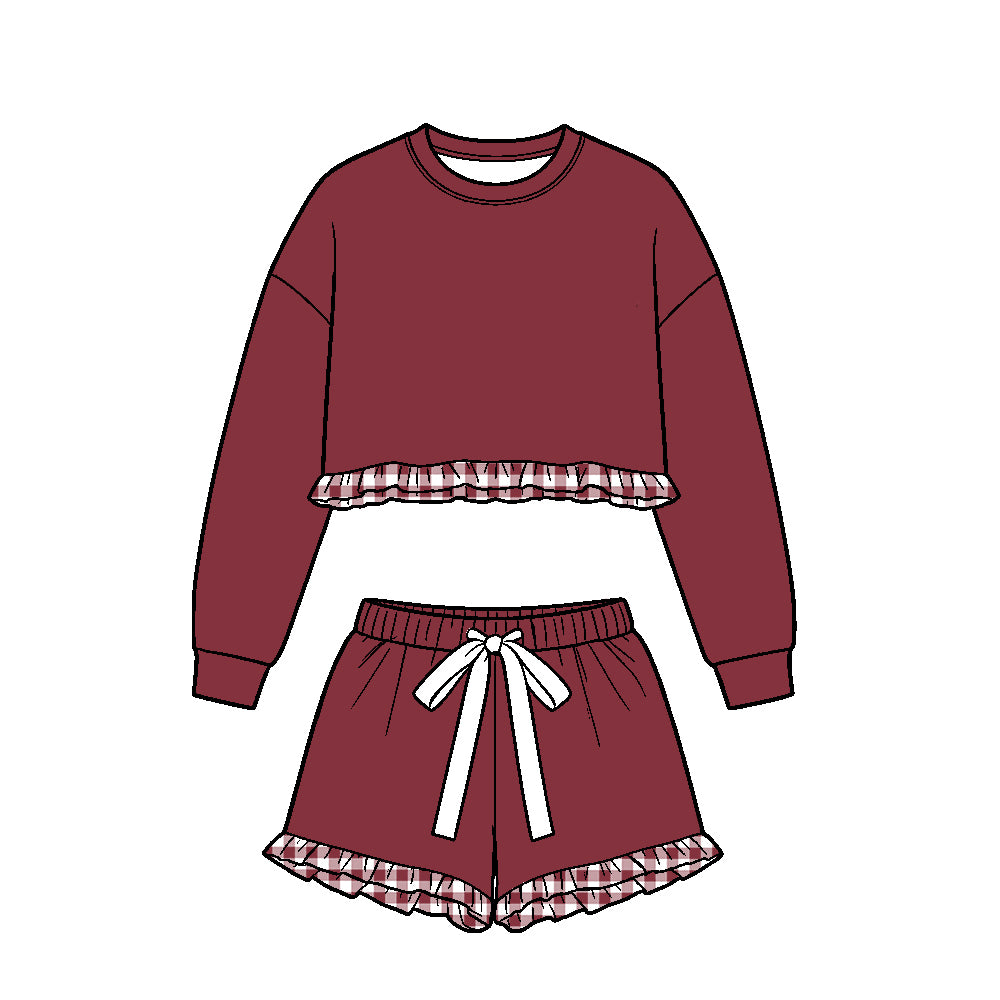 (Custom Design Preorder MOQ 5 Each)Teams Blank Long Sleeve Top Shorts Girls Ruffle Clothes Set Sisters Wear