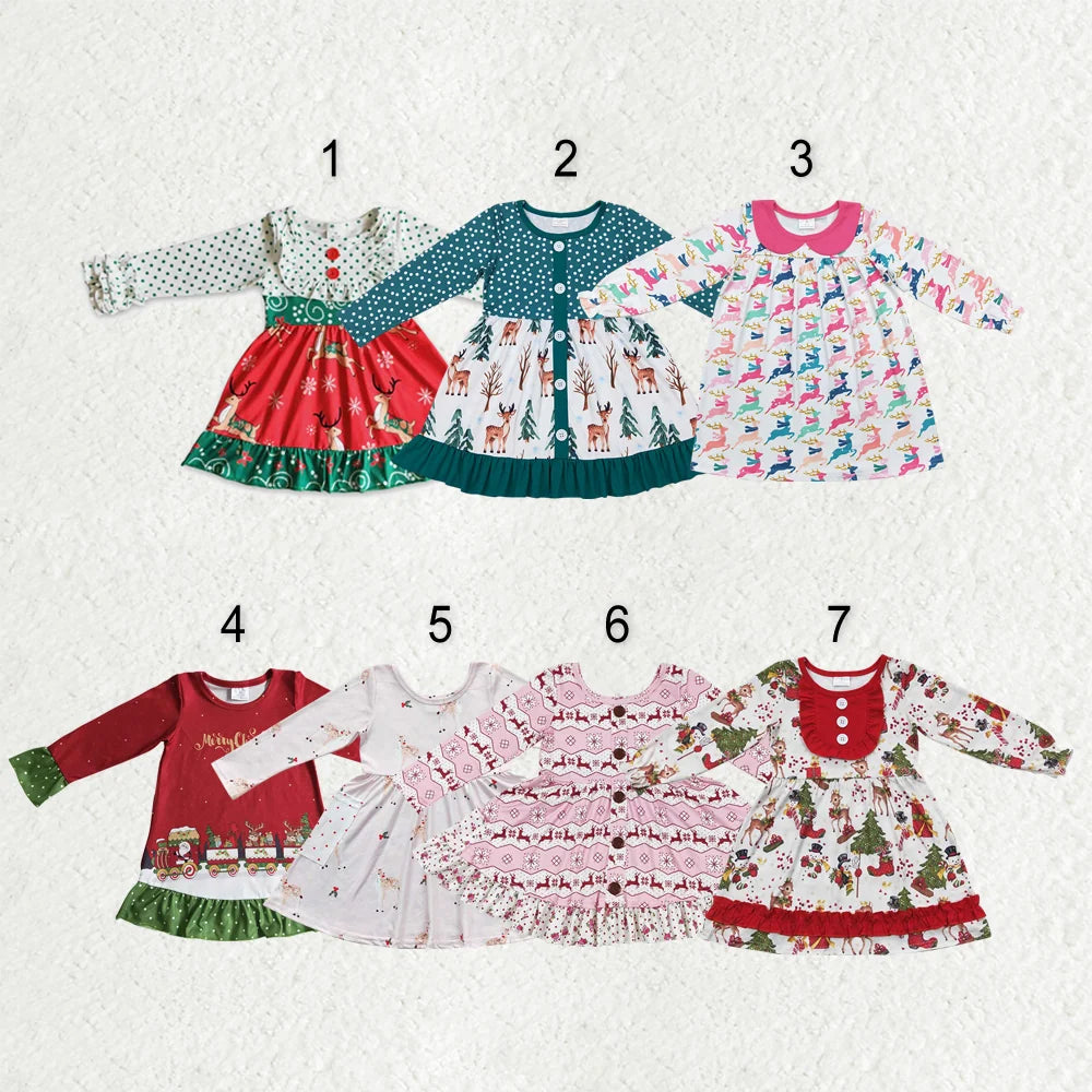 Sibling Baby Girls Deer Plaid Button Pockets Christmas Ruffle Knee Length Dresses