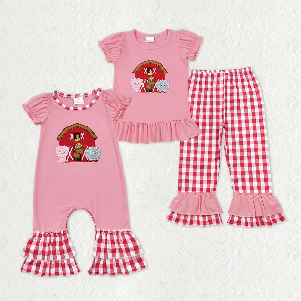 Sibling Baby Girls Embroidery Farm Animal Short Sleeve Outfit Romper