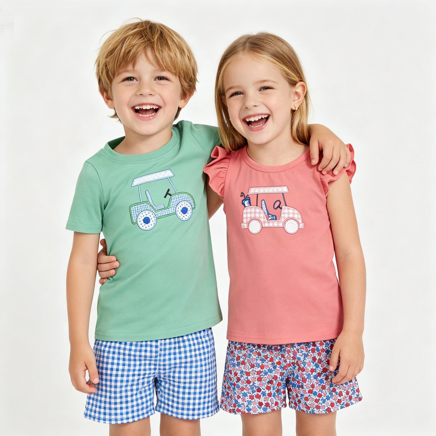 Summer Sibling Toddler Girls Embroidery Golf Car Shorts Outfit