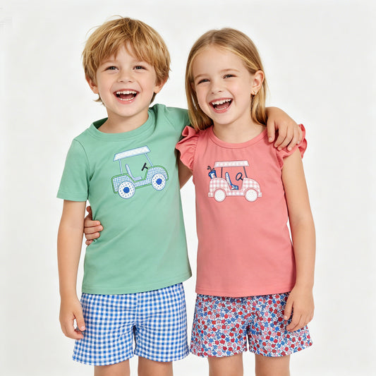 Summer Sibling Toddler Girls Embroidery Golf Car Shorts Outfit