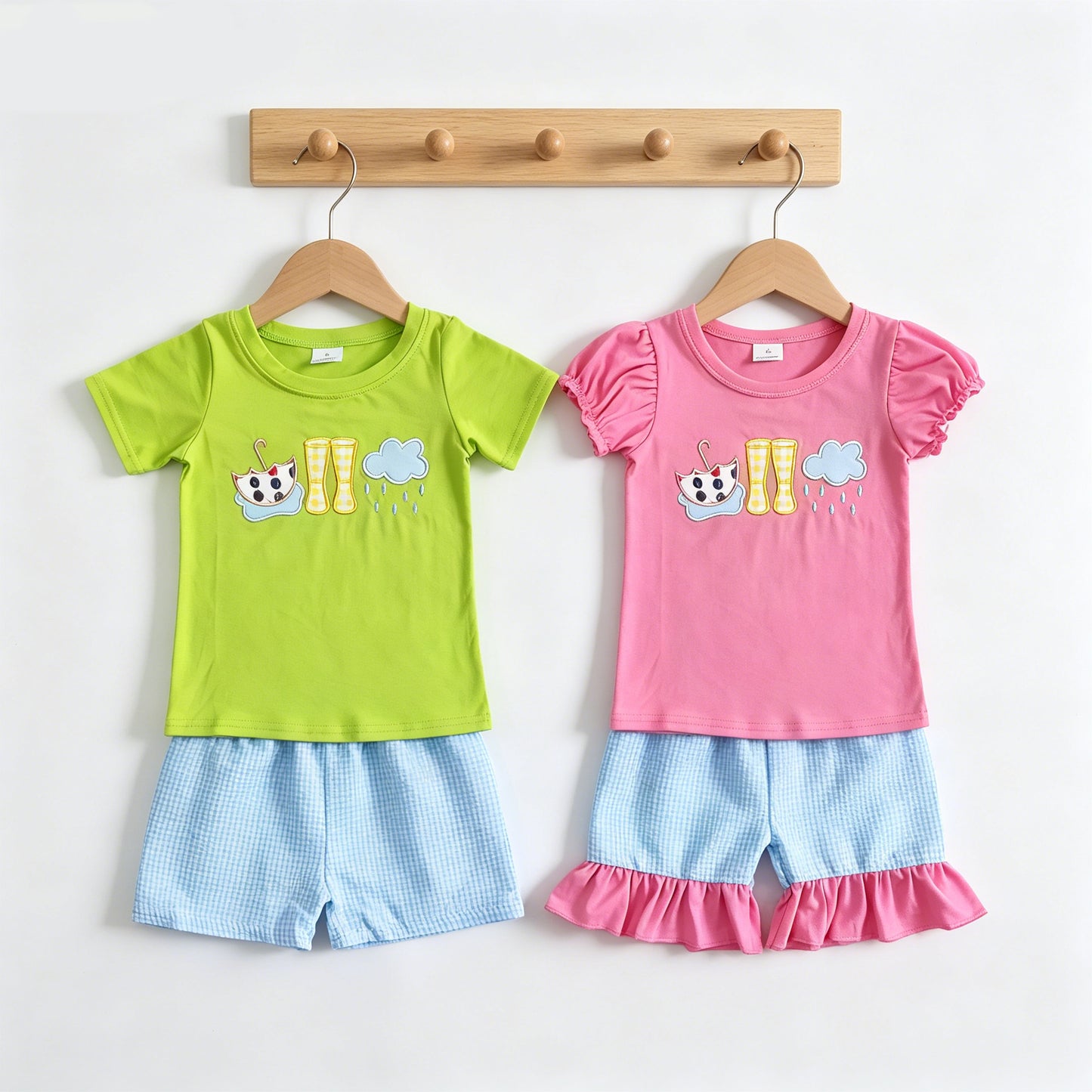 Sibling Baby Boys Girls Rain Boots Embroidery Top with Gingham Shors Outfit