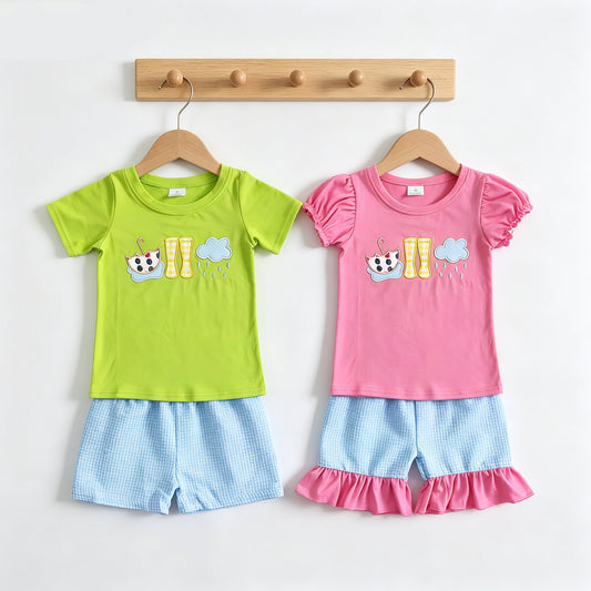Sibling Baby Boys Girls Rain Boots Embroidery Top with Gingham Shors Outfit