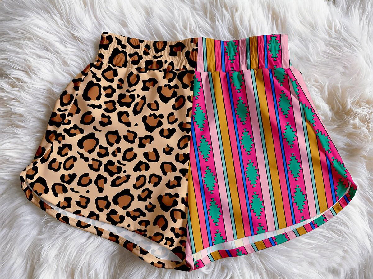 (Custom Design Preorder MOQ 5)  Leopard Aztec Stripes Print Baby Girls & Woman Summer Bottom Shorts