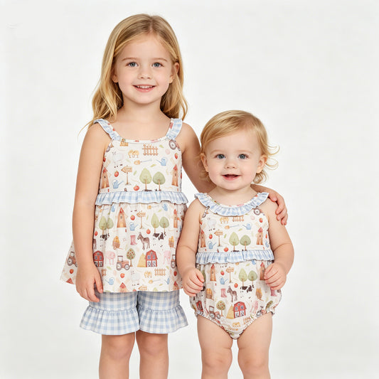 Farm Animal Print Sumer Shorts Outfit+Bubble Romper For Sibling Sister