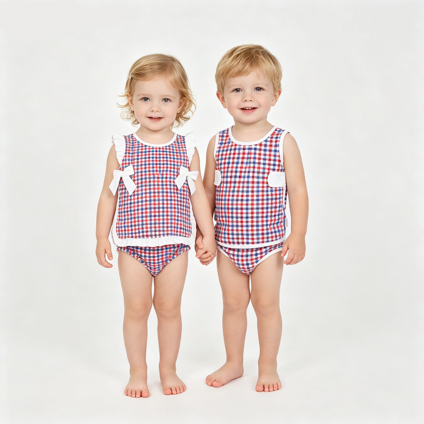 Sibling Baby Blue Red GIngham Bummie Set