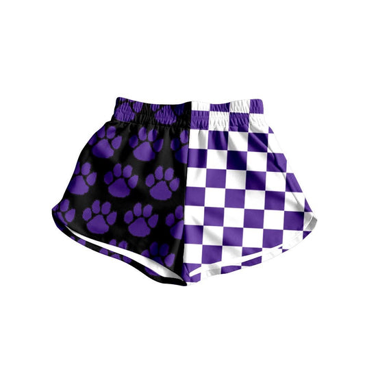 (Custom Design Preorder MOQ 5)  Teams Purple Paw Checked Print Girls & Women Sports Bottom Shorts