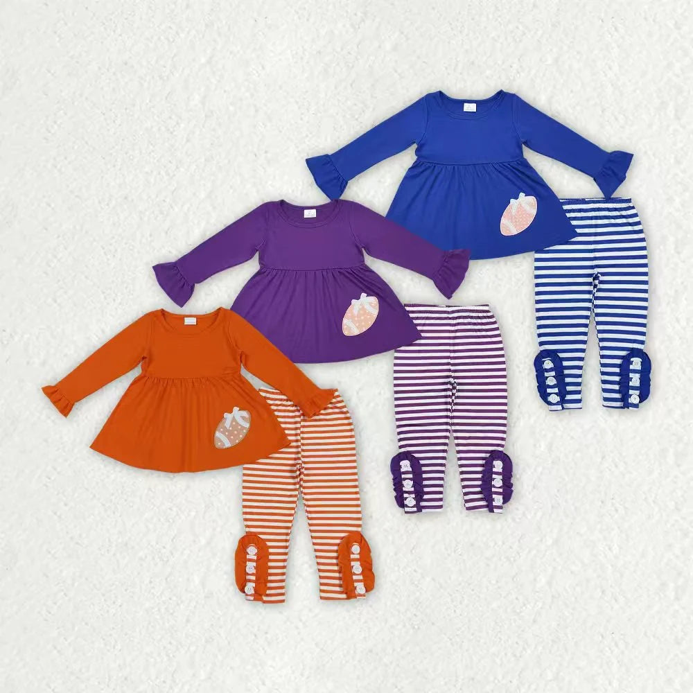 Sibling Baby Girls Embroidery Footabll Team Tunic Striped Leggings Outfit