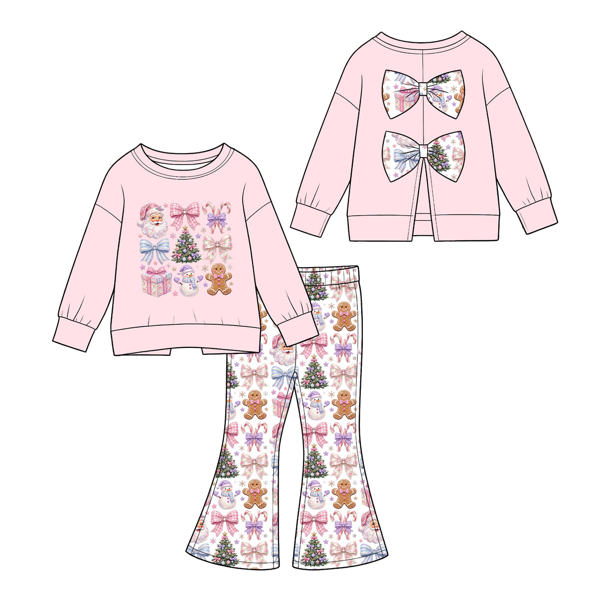 (Custom Design Preorder MOQ 5) Pink Backless Bows Top Santa Gingerbread Bows Bell Pants Girls Christmas Clothes Set