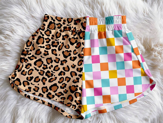 (Custom Design Preorder MOQ 5)  Leopard Colorful Plaid Print Baby Girls & Woman Summer Bottom Shorts