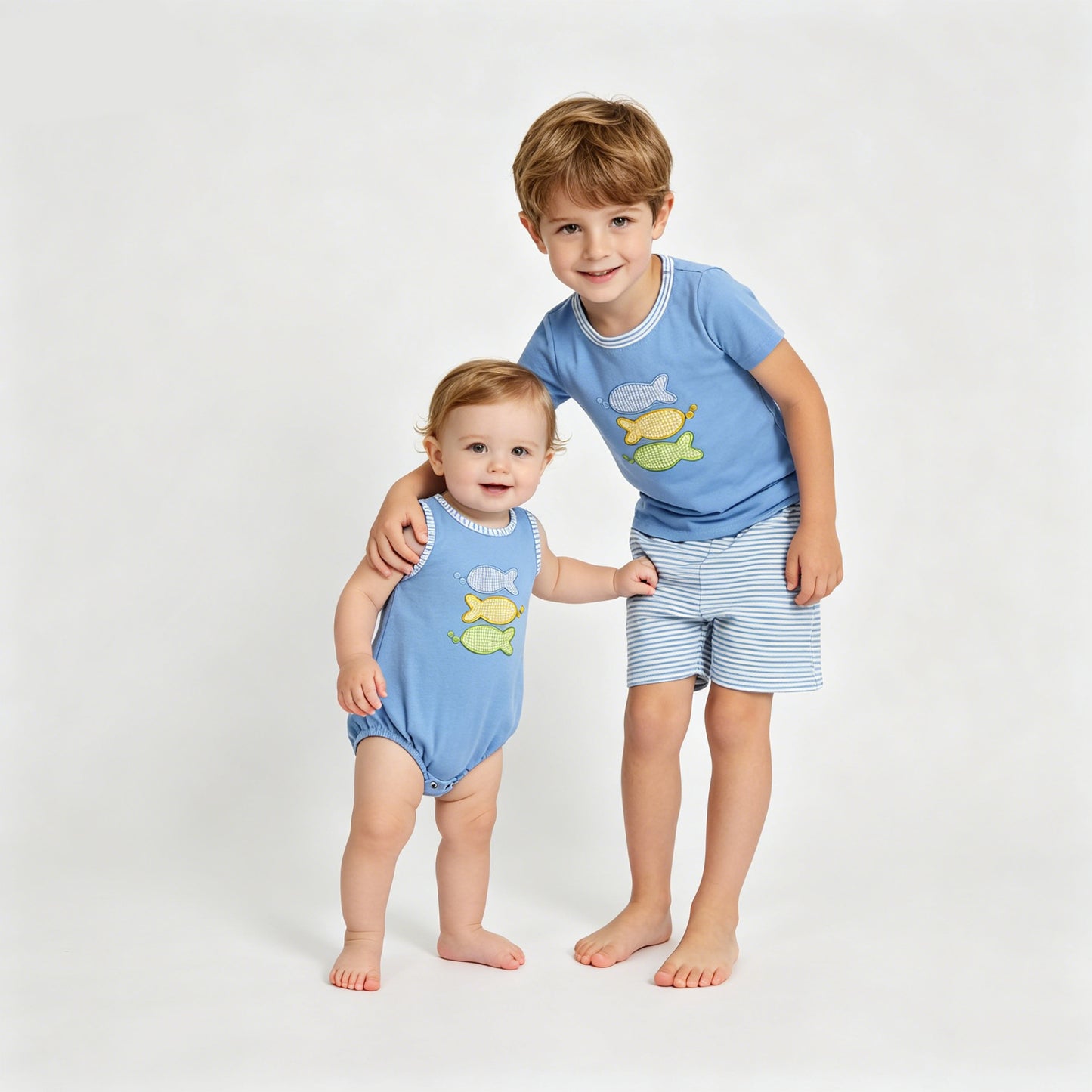 Sibling Baby Boys Embroidery Fish Short Sleeve Top with Shorts Outfit +Romper