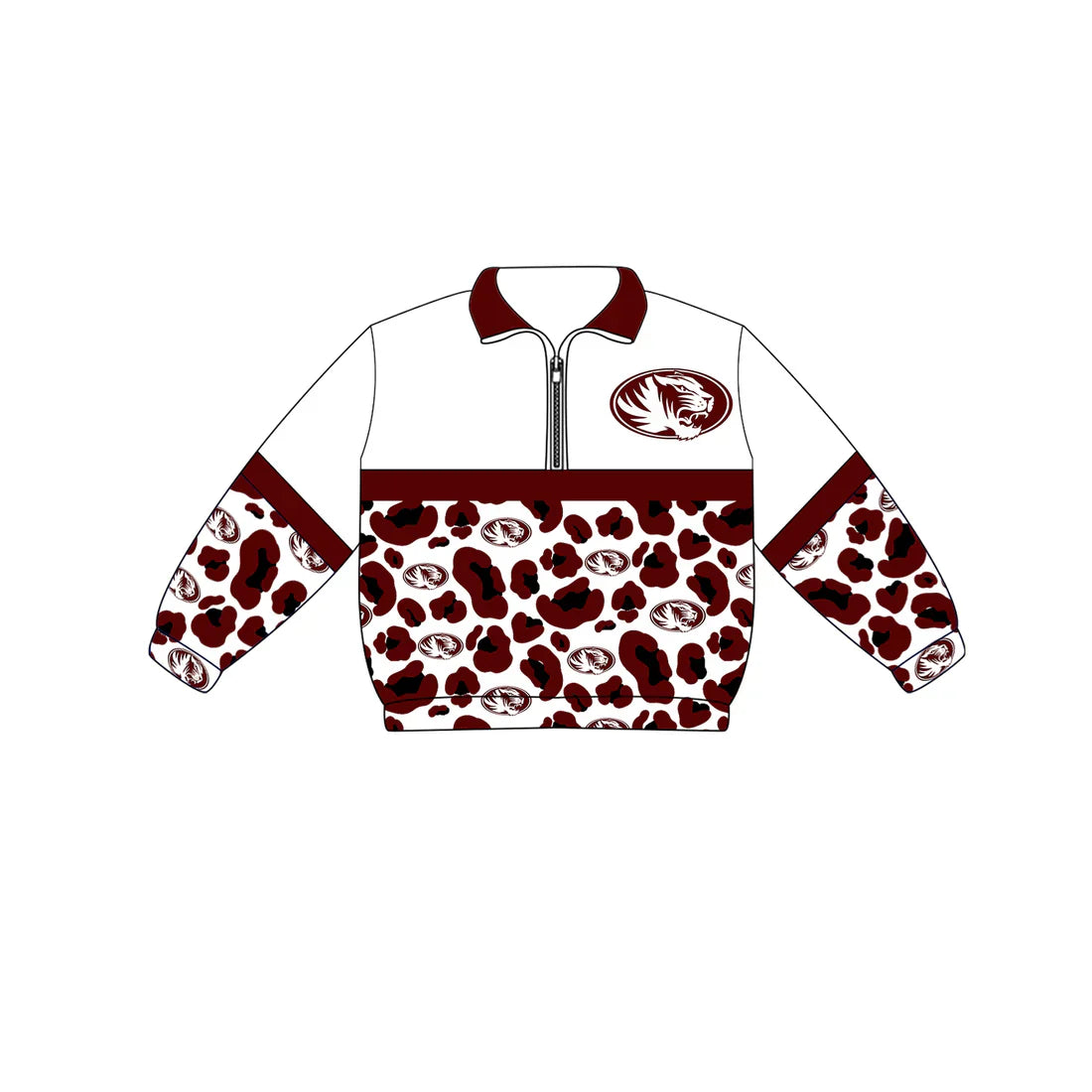 (Custom  Preorder MOQ 5) Baby Boys Long Sleeve Red Leopard Silsbee Tigers Team Zip Pullovers Tops