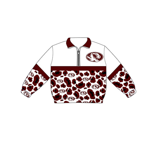 (Custom  Preorder MOQ 5) Baby Boys Long Sleeve Red Leopard Silsbee Tigers Team Zip Pullovers Tops