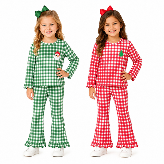 Sibling Kids Girls Red Blue Gingham Embroidery Santa Tree Scallop Christmas Outfit