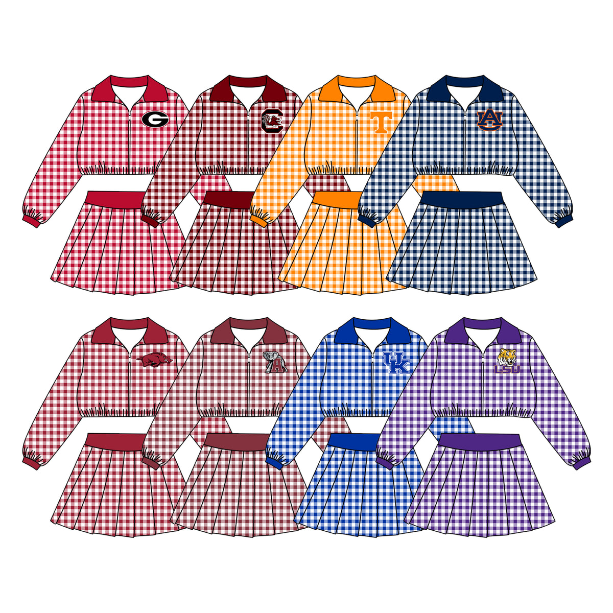 (Custom Design Preorder MOQ 5 Each)Teams Logo Checkered Print Long Sleeve Zipper Top Skort Girls Clothes Set Sisters Wear
