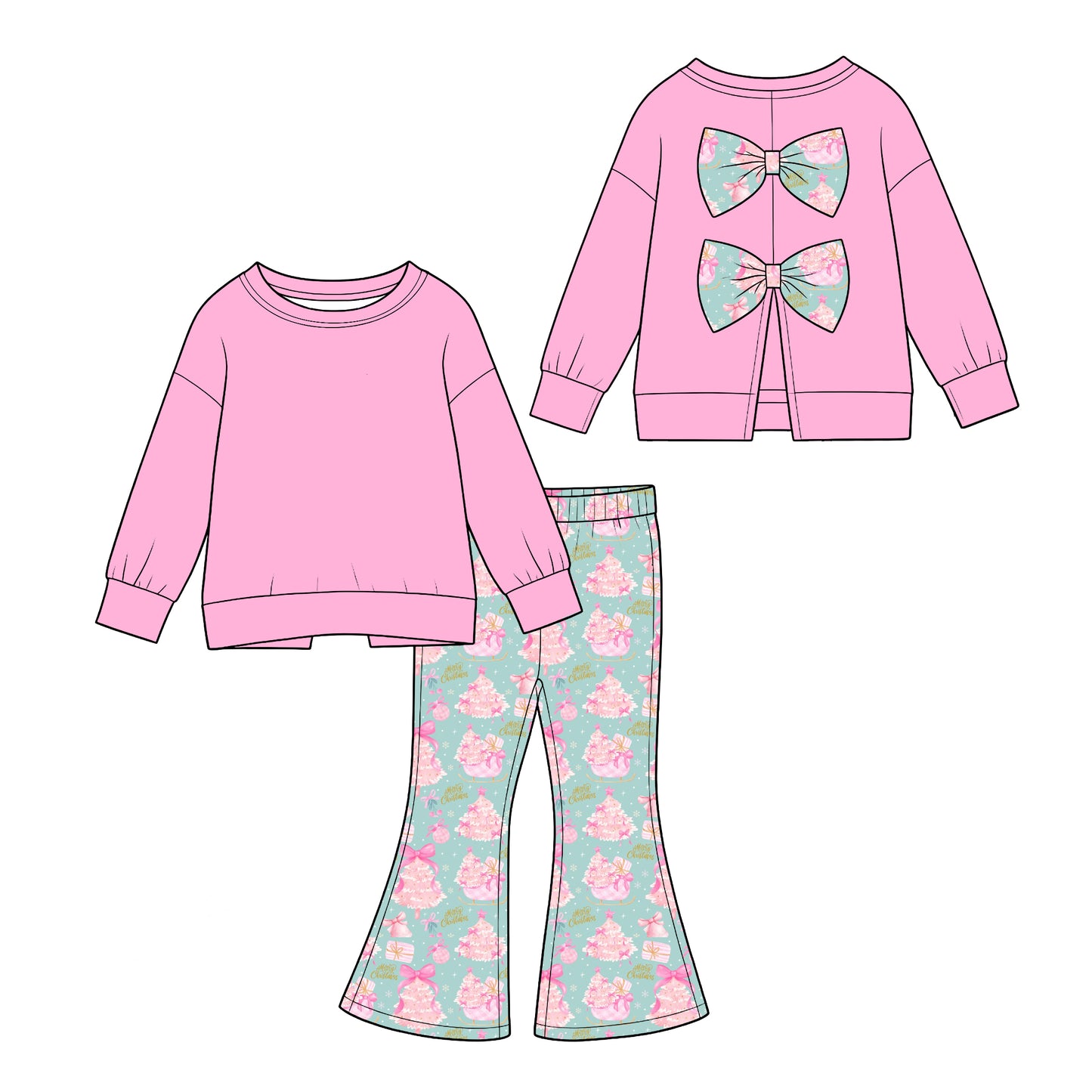 (Custom Design Preorder MOQ 5) Pink Backless Bows Top Tree Bows Bell Pants Girls Christmas Clothes Set