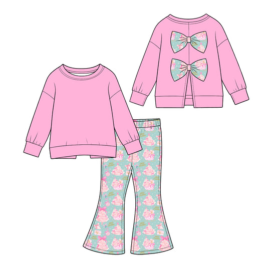 (Custom Design Preorder MOQ 5) Pink Backless Bows Top Tree Bows Bell Pants Girls Christmas Clothes Set