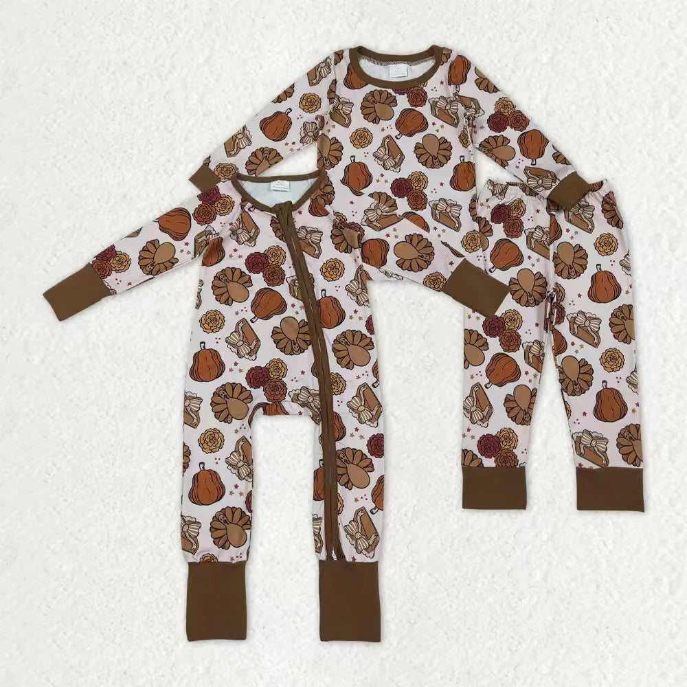 Sibling Baby Girls Turkey Pumpkins Top Pants Thanksgiving Pajamas Sets Zipper Footie Rompers