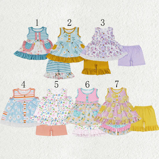 Sibling Baby Girls Sleeveless Bows Lemons Pockets Button Tunic Ruffle Shorts Outfit