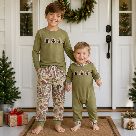 Sibling Baby Boys Thanksgiving Embroidery Turkey camo Outfit and Romper
