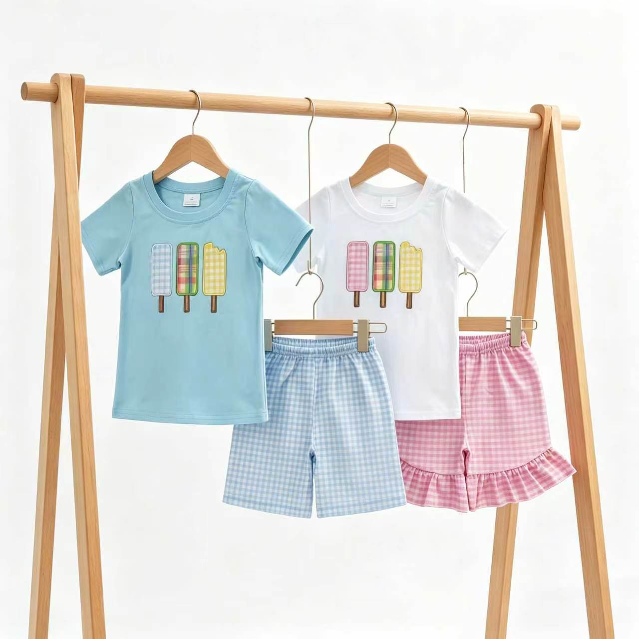 Sibling Popsicle Outfit - Gingham Check Top & Shorts Set for Brother & Sister