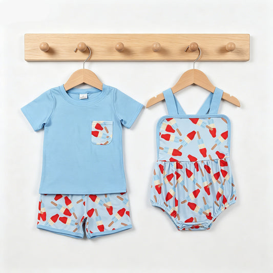 Sibling Baby Boys Popsicle Shirt Top Pockets Short 4th of July Clothes Set Strap Rompers
