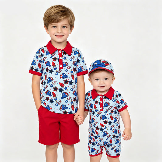 Baby Boys Sibling July 4th USA Popsicle Short Sleeve Shirt  Top /Romper